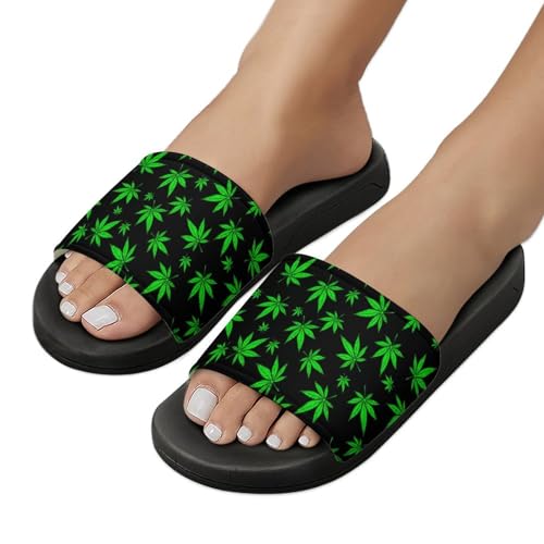 Cannabis Leaf Green Slides Shoes Man Woman Slide Sandals Hawaiian Thick Sole Slippers Bathroom Non Slip Slip on Shoes Flat Slides4