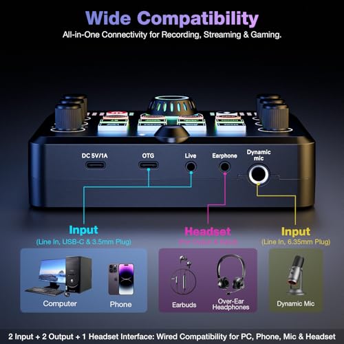 Image of Facmogu F682 Live Sound Card Audio Mixer with Gooseneck Mic, Voice Changer, Bluetooth, Noise Reduction Soundboard, All-in-One Sound Card for Live Streaming /Gaming /Recording on Smartphone, PC, Laptop
