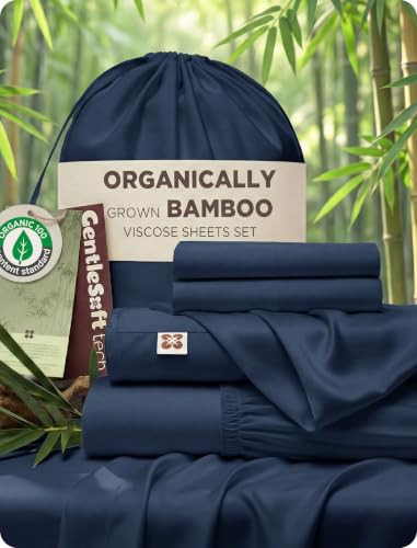 Image of Bedsure 100% Organically Grown Bamboo Viscose Queen Sheet Set | Cooling Bedsheets for Hot Sleepers | Luxury Silky Soft PureWoven | 18 inch Deep Pocket with Corner Straps | Oeko-Tex Certified [Navy]
