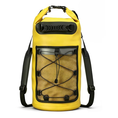 Mochila Saco Estanque 10/20/30 Litros Impermeável com Alça Ajustável Prova D'Agua mantém o equipamento seco para caiaque, rafting, barco, natação, acampamento, caminhadas, praia, pesca (Amarelo, 30L)