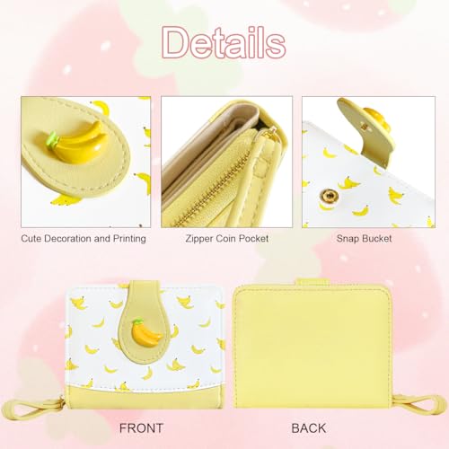 Image of Cute Print Wallet Blueberry Strawberry Cherry Wallet with Credit Card Holder Zipper Coin Purse for Women Girls (BANANA)