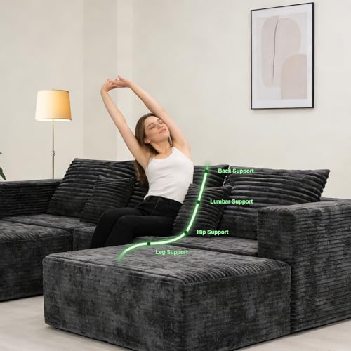 Image of 110 inch Modern Fabric Boneless Couch with Deep Seat, Sectional Couches for Living Room, Upholstered Cloud Sofa with 2 Ottoman, No Assembly Required (U Shaped Sofa)