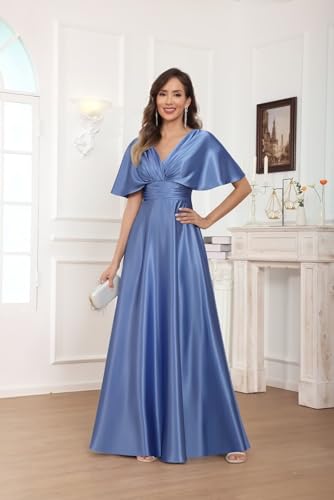 VGZ Satin Mother of The Bride Dresses for Women V Neck Long A Line Formal Evening Gown with Sleeves2
