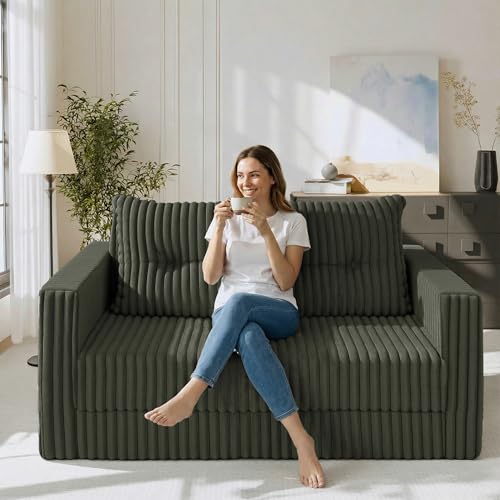 Image of HABUTWAY 49.8 inch Loveseat Boneless Couch, 4-in-1 Convertible Sofa Bed, Plush Fur Folding Futon Sofa Bed Couches with a Pillow for Living Room, High-Density Foam Support, No Assembly Required, Green