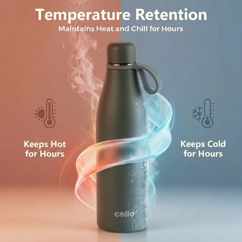 Image of CELLO Duro Oxy Stainless Steel Flask 900 ml Military Green | Easy to Pour & Fill, Spill Proof Leakproof Vacuum Insulated Hot and Cold Thermos Water Bottle for School College Office Gym Biking & Travel