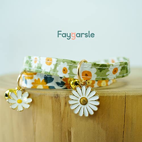 Faygarsle 2 Pack Cotton Breakaway Cat Collars With Bell Daisy Pendant Kitty Kitten Collars Green Orange Collar For Female Girl Cats Male Boy Cats #TOP3