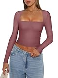 REORIA Women's Fall Sexy Casual Square Neck Long Sleeve Tight Cropped T Shirts Slim Fitted Basic Y2K Trendy Going Out Crop Tops for Teen Girls Masala Medium