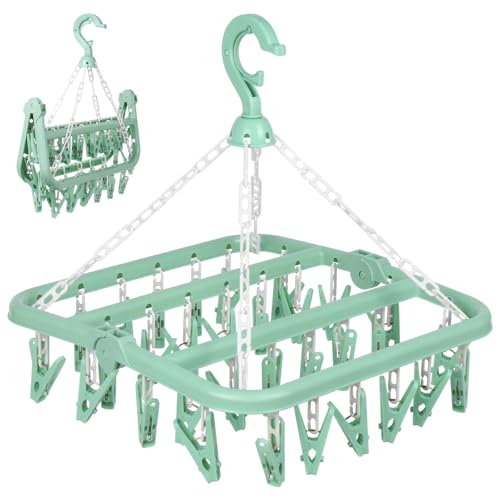 GAOHUI Foldable Clothes Drying Rack with 32 Clips Space-Saving Sock Hangers for Drying Multi-Functional Clothes Pegs for Washing Line for Underwear Baby Clothes Hats Socks (Green)