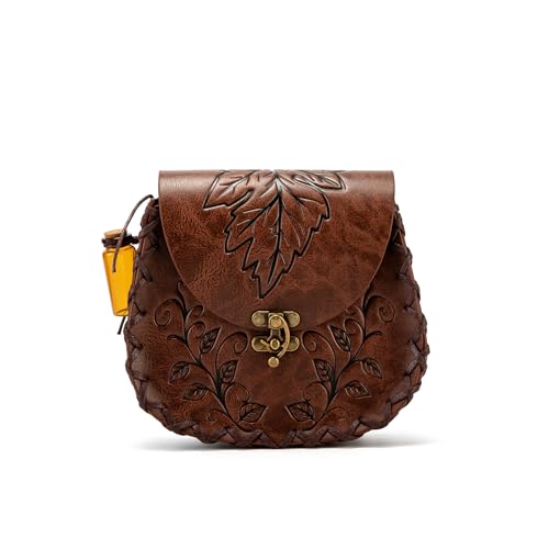 SV SENVAN Waist Bag Mystical Elven - Embossed Maple Leaf Design - Renaissance PU Belt Pouch for Renaissance Faire, LARP, Medieval Cosplay (Brown)