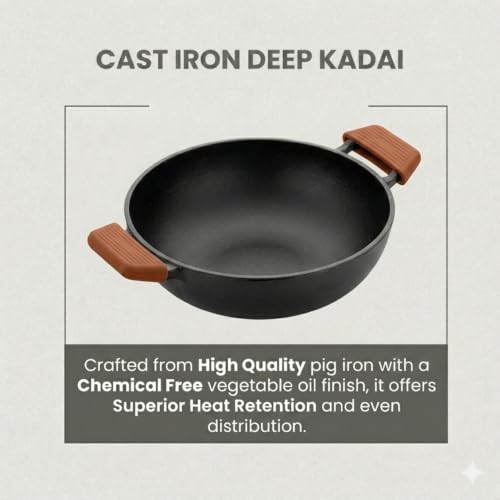 Image of HomeEssentials Pre-Seasoned Cast Iron Kadai | 100% Pure Cast Iron | 24cm, 2.5-2.7L | Silicone Grip Handles | Naturally Non-Stick & Non-Toxic | for Gas, Ceramic & Electric Cooktops