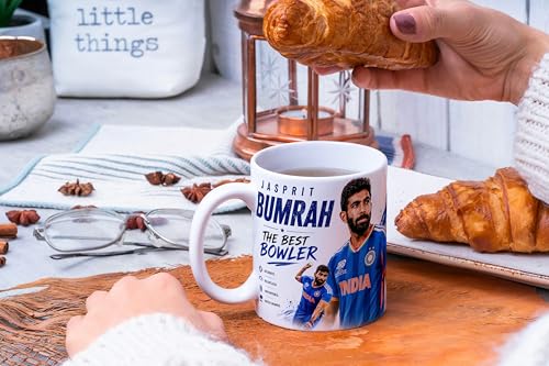 Image of Cricket Theme Coffee Mug IPL Edition - Stylish Helicopter Shot Print Cup - Gift for Cricket Fans, Boys & Friends (jasprit bumrah, Large)