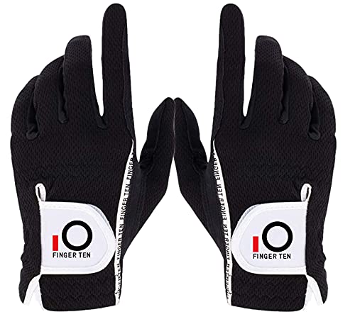 FINGER TEN Golf Gloves Men Left Hand Right Rain Grip Weathersof Value Pair, Mens Golf Glove Wear Resistant Non Slip Flexible Durable (Black, XL)
