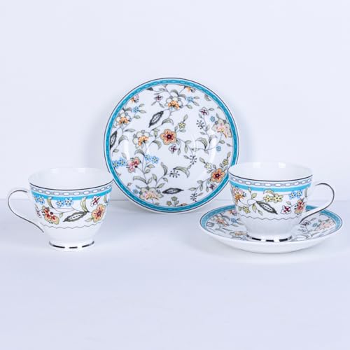 Image of GOLDEN QUEEN'S Cup & Saucer Set | Perfect for Hosting & for Tea /Coffee Lovers | Handcrafted in India, Inspired by Florals & Platinum on Rim | 6 Cups & 6 Saucers |170 ml - Blue Botanicals