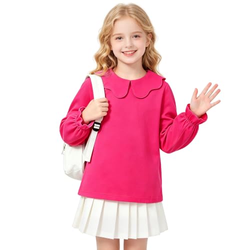 ZFZDRen 12M-12Y Toddler Baby Girls Ruffle Collar Blouse Kids Girl Solid Color T-Shirts Casual Tee Tops (Dark Pink Long Tee, 6-7 Years)