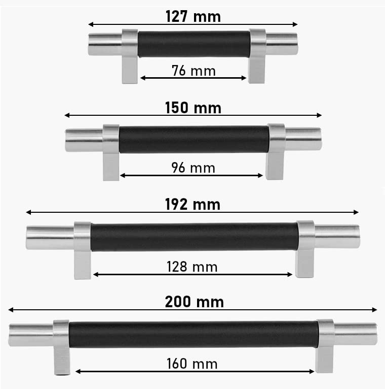 Brute Strength, Furniture Handles, Steel & Full Grain Leather, 160mm Hole Spacing, Silver & Black, Pack of 4 - Image 2
