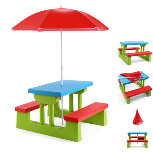 FIREFLOWERY Kids Picnic Table, Kids Outdoor Table and Chairs with Removable and Adjustable Umbrella, Kids Bench Table Indoor, Portable Toddler Picnic Table for Patio, Backyard, Garden (Red)