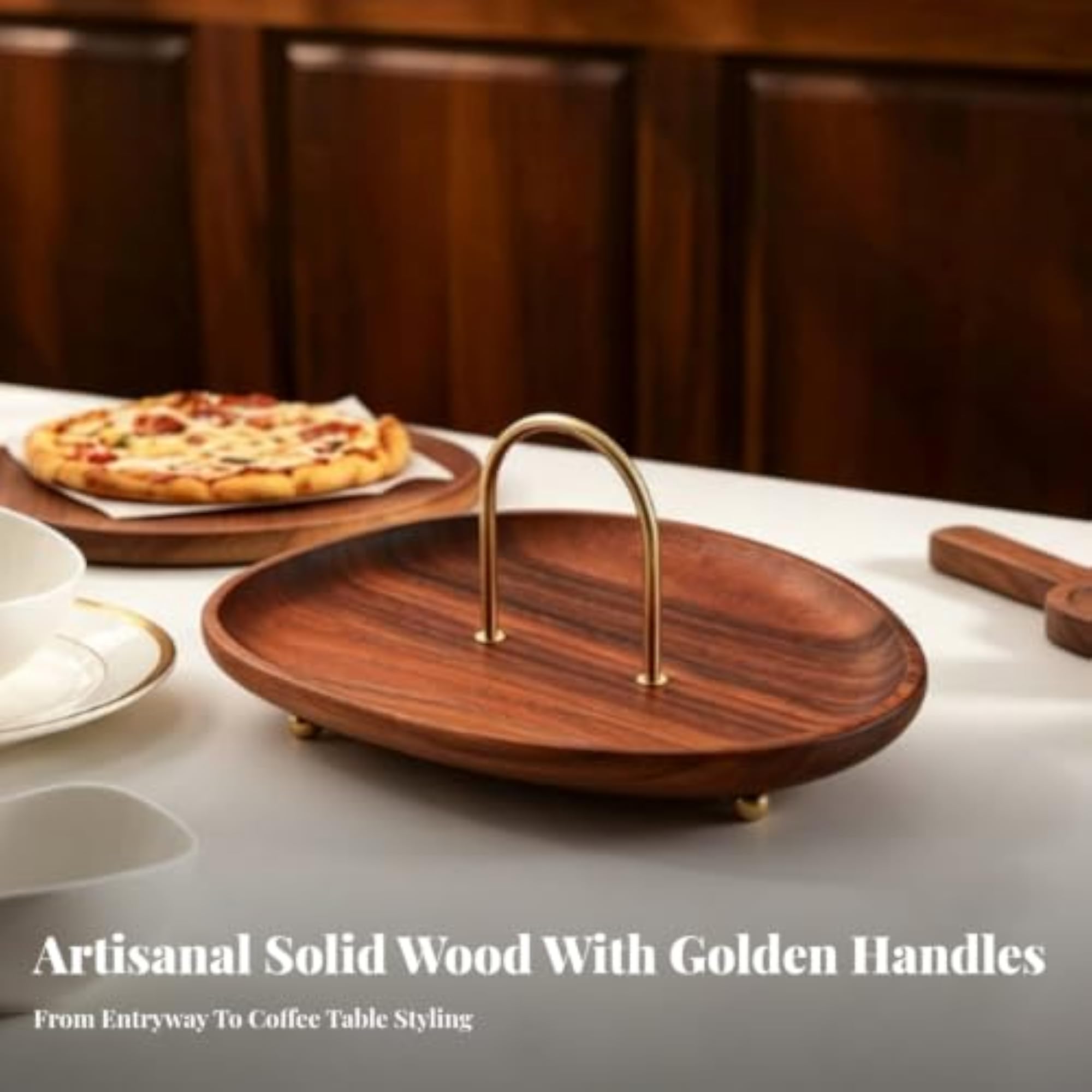 Compact Oval Wooden Tray with Metal Handles, Multi-Purpose