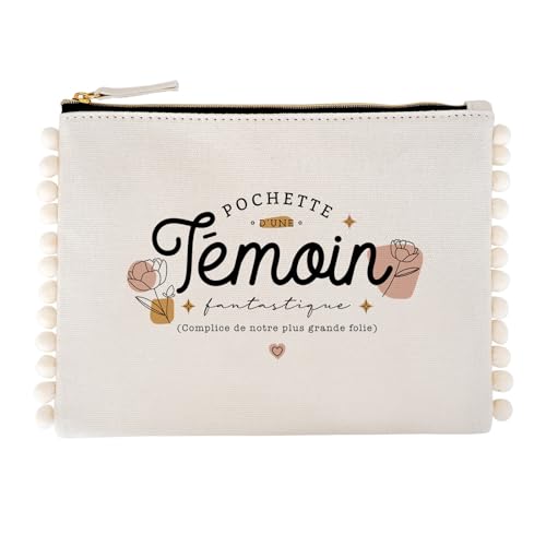 Manahia Pochette Témoin Mariage - Témoin Fantastique - Trousse Maquillage Coton & Pompons avec Doublure - Idée Cadeau Demande, EVJF & Remerciement - Design...