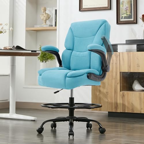 Image of 500LBS Drafting Chair, High Back Safer Standing Desk Chair, Executive Tall Office Chair with Flip-up Armrests, Upholstered Fabric Task Chair, Ergonomic Seat with Adjustable Height&Foot Ring, Blue