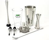Cocktail Shaker Set – 7 Piece Essential Barware Kit with Stainless Steel Boston Shaker Tin, Pint Glass, Double Jigger, Hawthorne Strainer, 11” Bar Spoon, Muddler and 2 Speed Pours