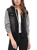 Allegra K Women's Layered Drawstring Hood Denim Jacket W Pockets X-Large Black