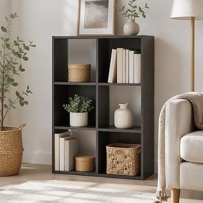 Furevol 6 Cube Bookshelf, 3x2 Storage Organizer Cabinet, Book Shelf with Open Back & Closed Back Cubes, 11.6 x 24.2 x 35.9, for Bedroom, Living Room, Home Office, Espresso
