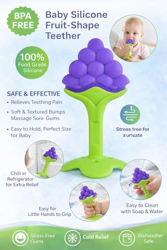 Image of 1 Baby Skin Care Powder Talcum Puff Case Cum Container Box With 1 Soft Silicone Fruit Shape Molar Teething Toy for Toddlers Kids and Infants BPA Free (DESIGN 203)