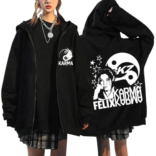 NCTCITY Sudaderas con Capucha y Cremallera Stray Kids Karma Impreso Y2K E-Girl Hoodie Chaqueta Gótica Streetwear Tops Negro BangChan Lee Know Changbin Hyunjin Han Felix Seungmin I.N