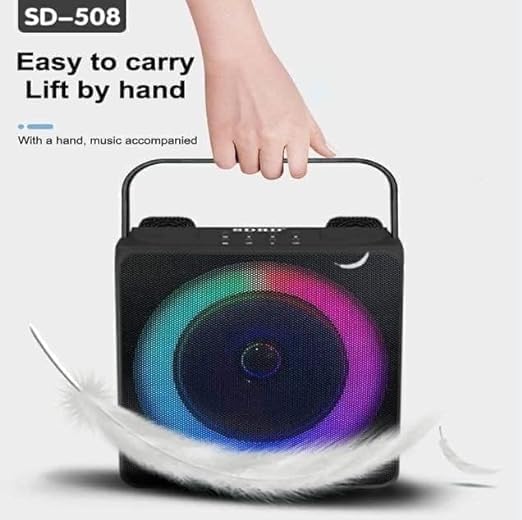 Person holding the SDRD SD-508 speaker by its handle, demonstrating its portability
