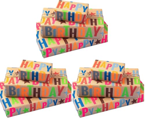 BIOBROWN Kraft Wrapping Paper Roll Colorful Text Happy Birthday Design Perfect for Birthday Holiday Wrap 17 inch X 33 feet (Pack of 3)
