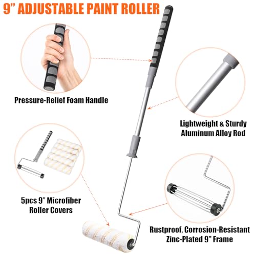 6pcs House Paint Roller Kit, PinStone 9 inch Extendable Roller Frame with 5 Microfiber Replacement Covers, Adjustable Painting Roller (18" - 36"), Home Painting Supplies for Painting Walls & Ceilings by PinStone - Image 3