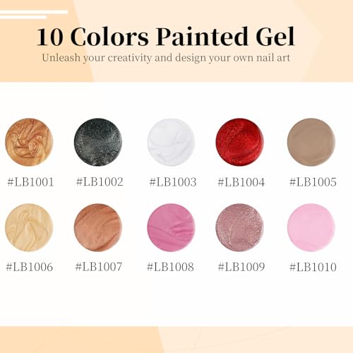 Image of JODSONE Nail Art Gel Liner Set 10 Colors Glitter Red Black Pink Gel Nail polish Need U V Lamp Cured with Thin Brush at Home Salon Design,Gifts for Women
