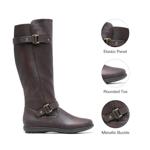DREAM PAIRS Women's Wide Calf Knee High Faux Fur-Lined Flat Fashion Winter Boots with Side Zipper,Size 7,Brown,TRACE-W