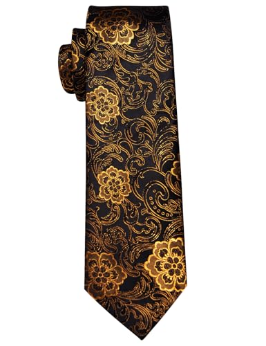Image of YourTies Black Gold Ties for Men Silk Floral Men's Necktie Woven Jacquard Formal Business Party Wedding Designer