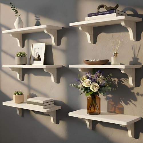 Image of Willowy Real Wood White Bedroom Shelves - 17 inch (6 Pack) - Easy to Install, Template and Video Included - Shelves for Wall, Estantes para Cuartos, White Shelf, Long Wall Shelf
