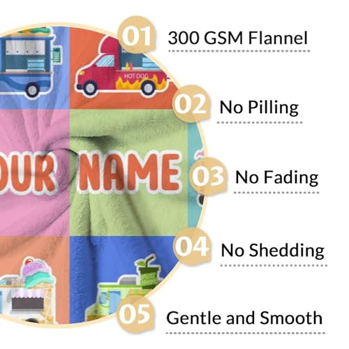 Personalized Food Truck Blanket Gifts with Name - 60x80 Inches Funny Throw Blanket for Boys & Kids - Colorful Soft Fuzzy Car Blankets for Bed, Couch & Living Room