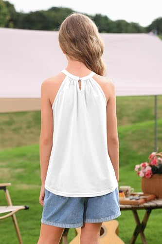 Image of BesserBay Girls Summer Back Button Halter Neck Tank Top Cold Shoulder Casual Blouse Pleated Sleeveless Shirts 5-14 Years