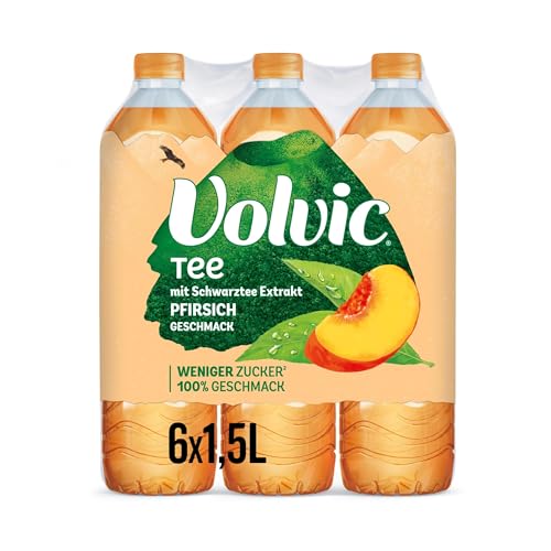 Volvic Tee Pfirsichgeschmack – Erfrischungsgetränk mit Schwarztee-Extrakt – Zuckerreduziert – 6 x 1,5 l – 30 Prozent weniger Zucker als vergleichbare teebasierte Erfrischungsgetränke