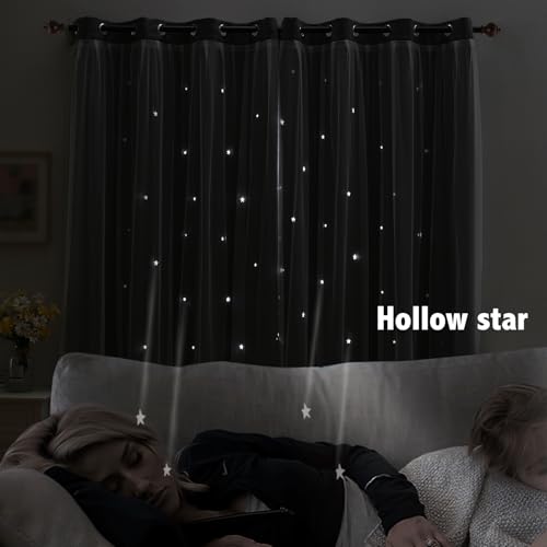 Image of indistar Star Cutout Kids Window Blackout Curtains for Girl Bedroom Window Room Darkening Curtains & Drapes Baby Nursery Curtains (2 Panel, 52Wx63L inch,Grey)