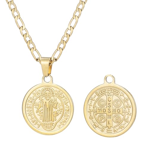 SAELACY Saint Benedict Medal Pendant Necklace for Women Men 14K Silver Tone Stainless Steel Saint Benedict Medal with Figaro Chain Necklace (gold chain length:22+2)