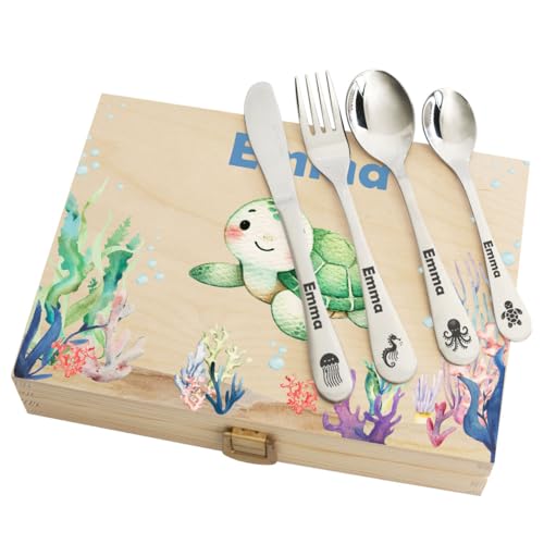 Couverts enfant personnalisés avec coffret imprimé - Motif Océan - Cadeau de naissance, cadeau anniversaire, cadeau baptême