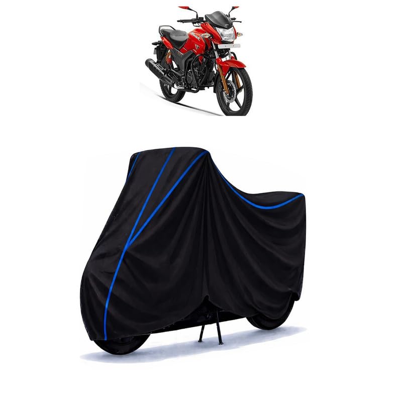 Image of Hero Hunk BS4 Bike Cover Water Resistant Universal Motorcycle Rain | Heavy Duty UV Protection, Dust, Scratch Indoor Outdoor All Weather with Black Blue Piping Elastic