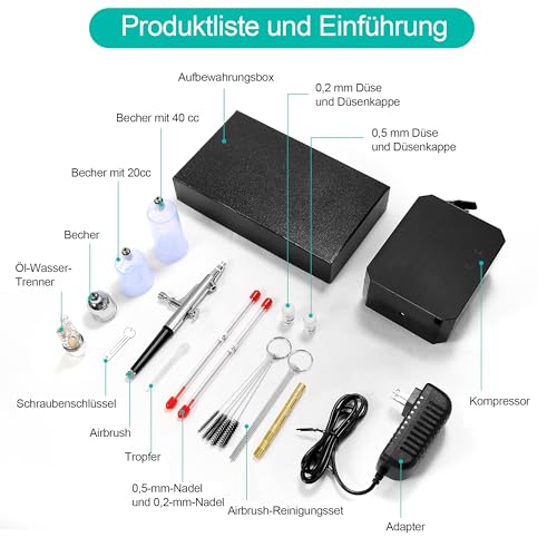 Powate Upgrade Airbrush Set Kompressor - 40 PSI Dual Action Airbrush mit 3 Modi und 0,2/0,3/0,5 mm Düsen, Tragbar mit 15 Teiligem Zubehörset für Bastelarbeiten, Nageldesign, Tätowierungen, Schwarz