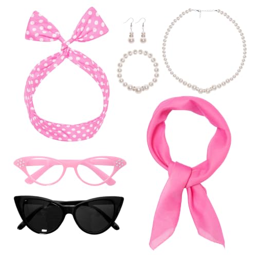 Fumwase 7PCS 1950s Costume Accessories for Women (Pink)