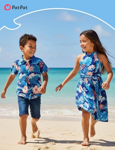 Image of PATPAT Family Hawaiian Matching Outfits - Mommy and Me Vacation Outfits | Halter Sundresses and Button Down Shirts,Caribbean Vacation Summer Tropical Outfits,Hawaiian Boho Tropical Floral Printed