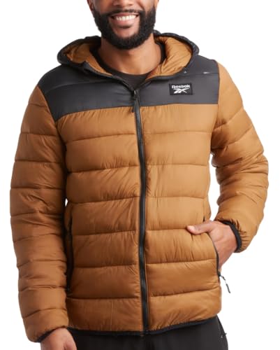 Reebok Mens Puffer Jacket - Lightweight Quilted Glacier Shield Plus Size Puffer Jackets for Men - Insulated Mens Winter Coats, Size Large, Timber/Black