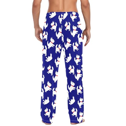 Men's Cute White Dogs Pajama Pants with Pockets - Straight Fit Cotton Sleep Bottoms for Lounge & Nightwear#1003