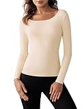 Harlamvar Rundhalsausschnitt Warme Thermounterwäsche Damen Winter Langarm Thermounterhemd Pullover Basisschicht Thermohemd Beige