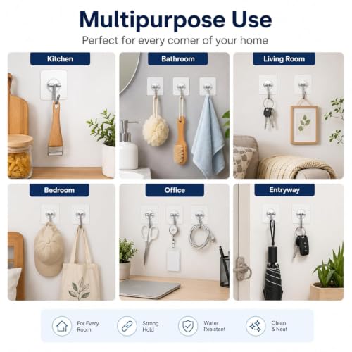 Image of KONVIO NEER Self Adhesive Wall Hanging Screw Hooks Heavy Duty Hanging Sticky Hooks for Kitchen, Bathroom, Decoration |Nail Free, Transparent Wall Screw Hooks (Hanging Hook, 20 Pack)