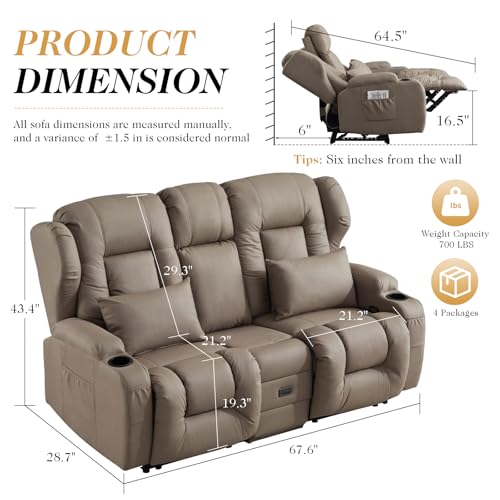 Image of Loveseat Recliner Sofa with Flip-up Console,RV Wall Hugger Recliners for Small Spaces,Reclining Loveseat Sofa Recliner with Cup Holders /Lumbar Pillows,RV Furniture (Khaki, 68 inch 2-Seater)